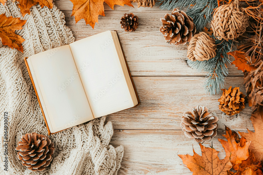Poster a book is open on a table with pine cones and leaves