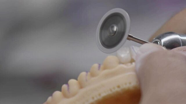 Dental Technician Shaping Marked Implant Tooth Section Footage.