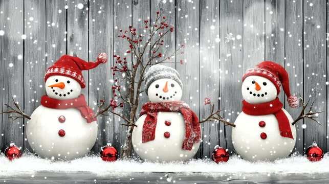 snowmen family with a hat, snowing in front of a grey wooden wall background, with red and white winter decorations. seamless looping time-lapse virtual 4k video animation background	