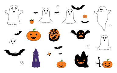 Obraz premium Cute Halloween orange and white ghost and pumpkin clipart for spooky holiday design. 