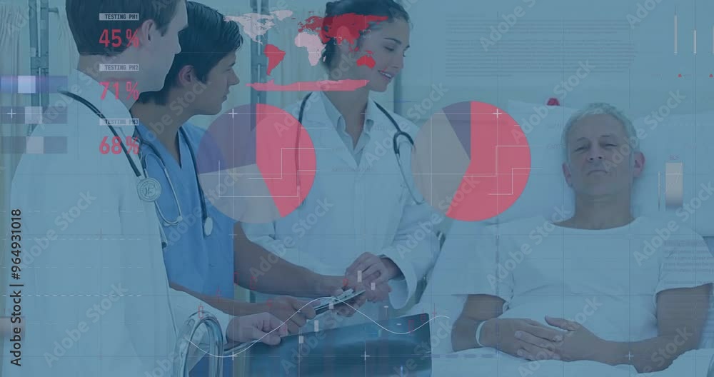 Poster animation of data processing and diagrams over caucasian doctors talking with patient
