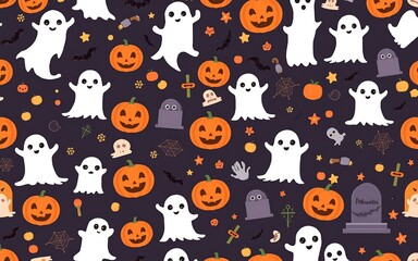 White ghosts and orange pumpkins on a dark background, a fun Halloween seamless pattern for festive celebrations. 
