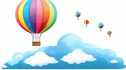Colorful hot air balloons float in the sky with fluffy white clouds.