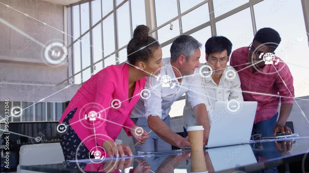 Poster animation of network of connections with icons over diverse colleagues discussing work in office