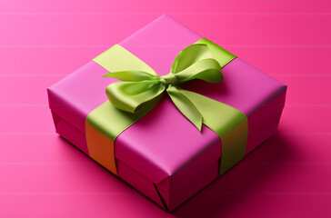 Obraz premium Magenta Gift Box with a Lime Ribbon on a Magenta Background