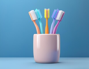 3D pink toothbrush holder with four colorful toothbrushes, 3D illustration