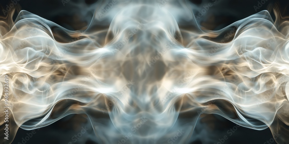Poster abstract smoky background with flowing white and gold abstract patterns on a dark background.
