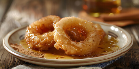 Savory-sweet onion rings with maple syrup and cinnamon in traditional style