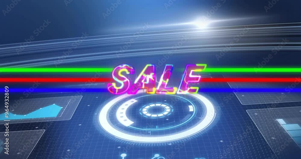 Poster animation of sale text over colourful shapes and data processing