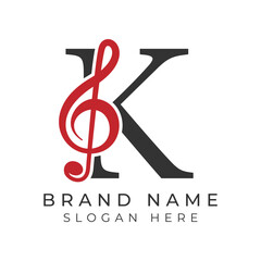 Initial Letter K with musical note Style icon. Alphabet K Music logo design