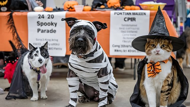 Cute pets dressed in Halloween costumes, black and white dog, orange and white cat, spooky fun. 
