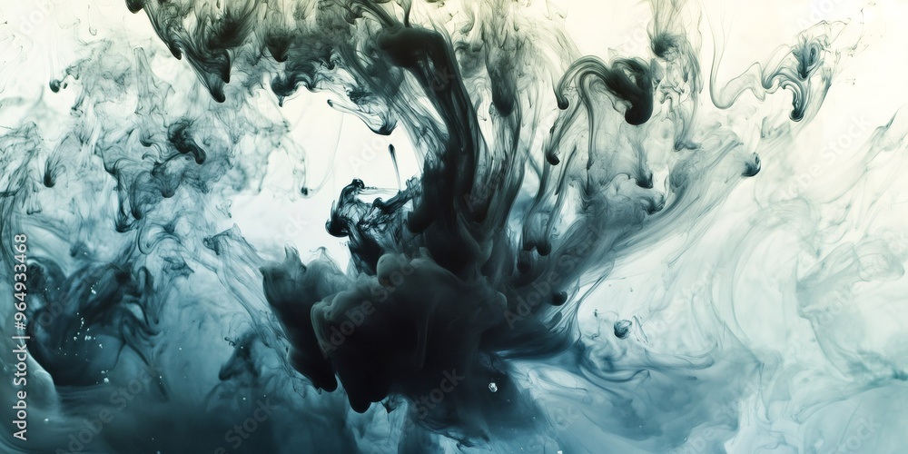 Poster abstract swirling ink in water, creating a dynamic pattern of dark and light blue.