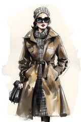 Fototapeta premium Modeillustration einer stilvollen Frau mit Trenchcoat und Sonnenbrille - Ai-Ki generiert