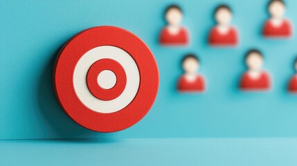 Red target symbol and human icons on blue background representing target audience and marketing concepts, selective focus.