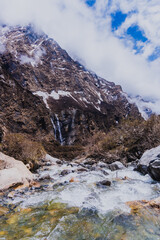mountain in nepal, waterfall in nepal, waterfall in mountain