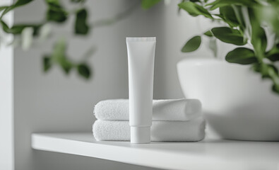 White cosmetic tube mockup on a bathroom shelf background. Natural cosmetics with skin care mockup. Flat lay, top view, copy space. Beauty product advertising design template.