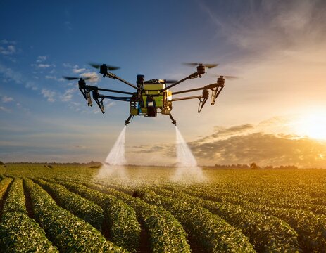 Large drone spraying fertilizer at medium altitude under beautiful skies.