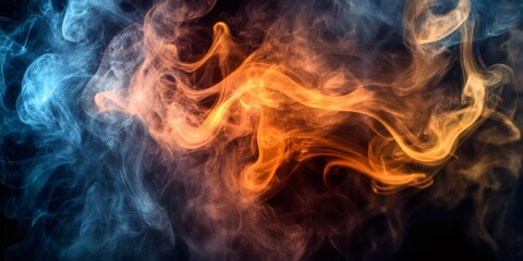 Abstract swirls of blue and orange smoke on a black background.