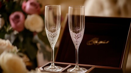 Exquisite Wedding Champagne Flutes with Custom Engravings in Personalized Gift Box - Elegance and Sophistication in Every Detail
