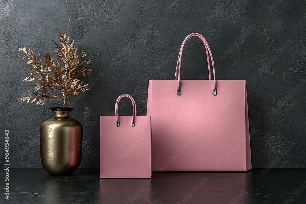 Wall mural two pink shopping bags on black background