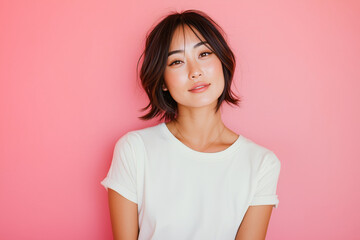 Fototapeta premium portrait photography of a beautiful woman with soft lighting and neutral expression against pink background