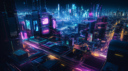 A vibrant futuristic cityscape at night, illuminated by intense neon yellow light reflecting off towering skyscrapers, the streets below filled with bustling crowds and hover cars, the buildings