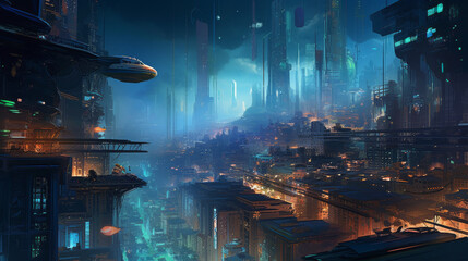 A futuristic city skyline at night, with towering glass skyscrapers adorned with neon signs and holographic advertisements, the streets below filled with flying vehicles and pedestrians in