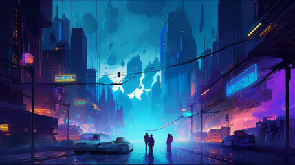 A futuristic city skyline at night, with towering glass skyscrapers adorned with neon signs and holographic advertisements, the streets below filled with flying vehicles and pedestrians in