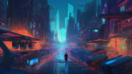 A futuristic city skyline at night, with towering glass skyscrapers adorned with neon signs and holographic advertisements, the streets below filled with flying vehicles and pedestrians in