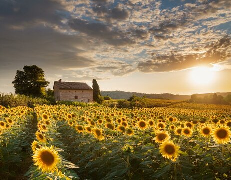 Sunflower field with beautiful landscape of rural area with old farmhouse.