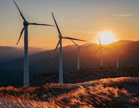 Windmill farm with mountains in the background and the sun setting on a summer evening.