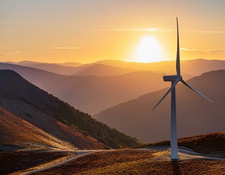Windmill to generate electricity under clear skies at dusk. 