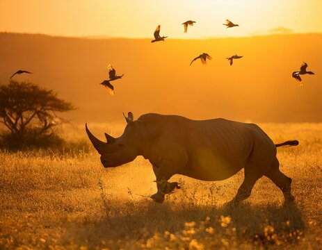Rhinoceros at African plains with birds under sunny skies at sunset.