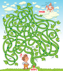 Beanstalk. Children logic game to pass the maze. Help boy through labyrinth. Educational game for kids. Attention task. Choose right path. Funny cartoon character. Worksheet page. Vector illustration