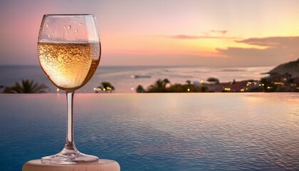 Obraz premium A clear glass of sparkling rosé with tiny bubbles rising to the top, set against a gently bl