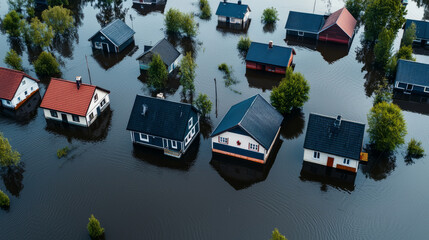 Flooded houses surrounded by water and greenery depict small community with interconnected flood defenses.