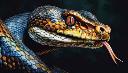Fototapeta premium A close-up of a snake's head with intricate scales, tongue flicking out, against a plain, da