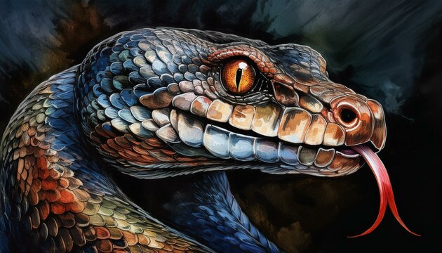 A close-up of a snake's head with intricate scales, tongue flicking out, against a plain, da