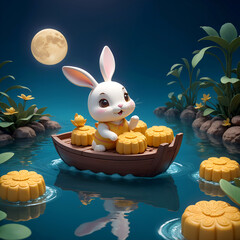 3D illustration of a cute rabbit on a boat carrying mooncakes on the river on a yellow full moon night