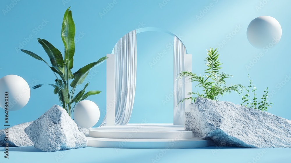 Poster elegant minimalistic 3d render of modern collage with architectural elements and open window on blue