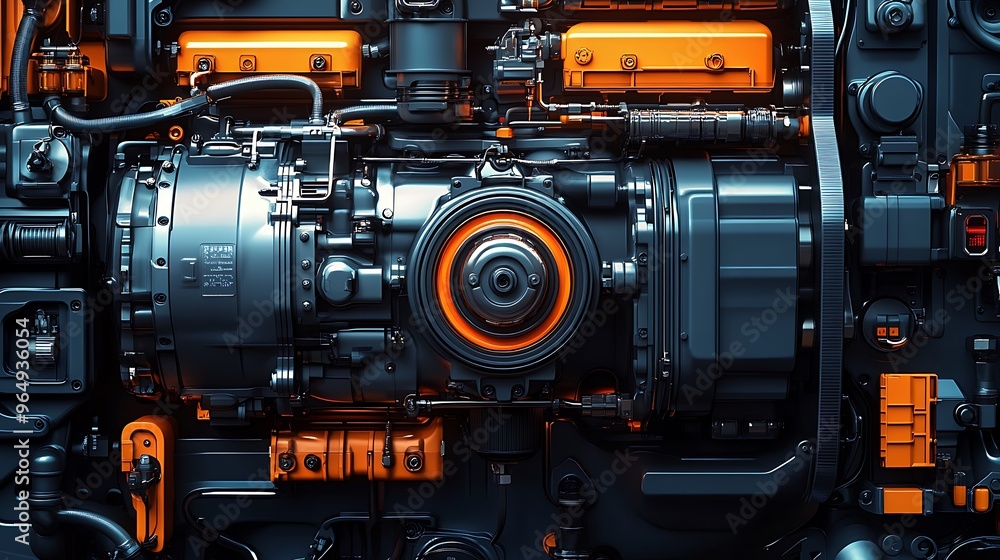 Poster close-up of a complex mechanical engine with black and orange components.