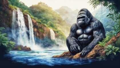 Fototapeta premium A gorilla sitting near a waterfall, water cascading down behind it. The background is a soft