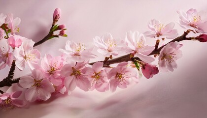 Fototapeta premium A single delicate cherry blossom branch with soft pink petals, gently arching against a ligh 