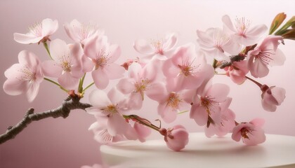 Obraz premium A single delicate cherry blossom branch with soft pink petals, gently arching against a ligh 