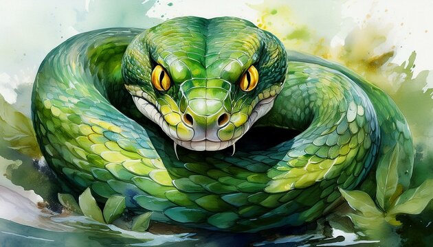 A sleek, coiled green snake with piercing yellow eyes, poised on a smooth, white marble surf