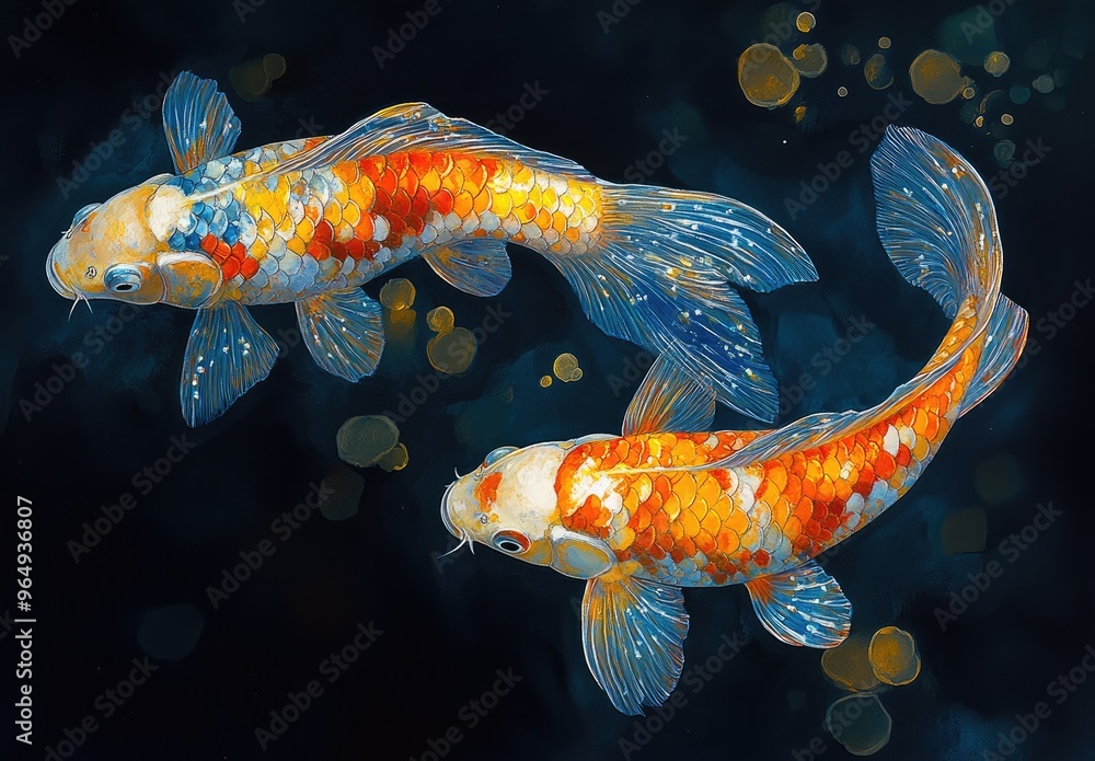 Sticker two koi fish swimming in a pond