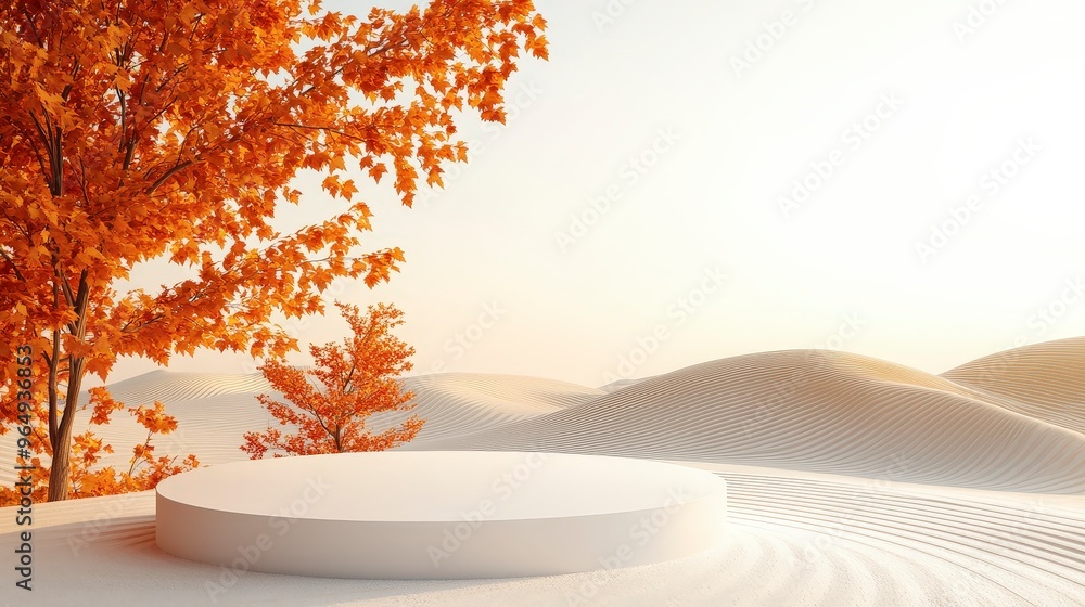 Poster serene autumn scene with white circular pedestal and desert dunes â€“ minimalist 3d rendering in hig