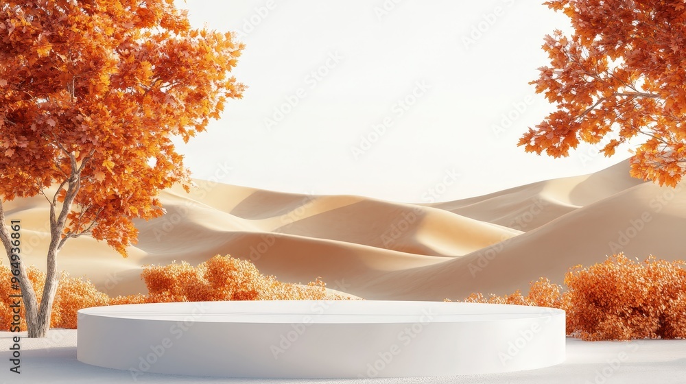 Poster tranquil autumn scene with white circular pedestal and geometric design in 3d rendering