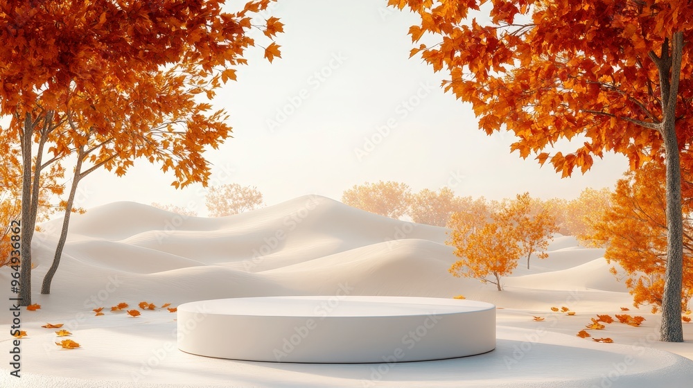 Aufkleber tranquil autumn scene with white circular pedestal and desert dunes - minimalist 3d rendering in hig