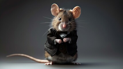 A mouse dressed in a tuxedo, standing upright with a formal appearance.